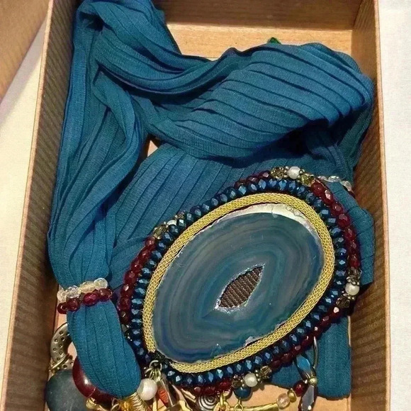 Vintage Stunning Handmade Agate Blue Polish Stone Scarf Necklace - Picture 7 of 13